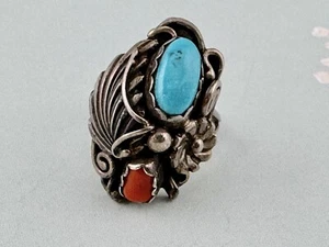 Signed J Native American Silver Turquoise And Coral Ring size 6 - Picture 1 of 4
