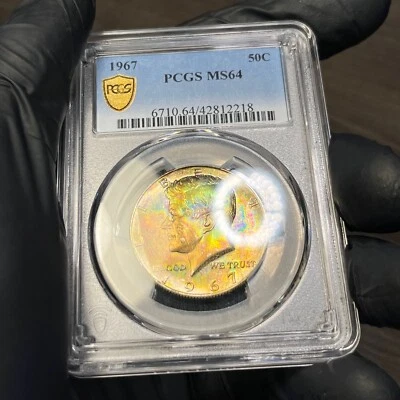 MS64 1967 50C Kennedy Silver Half Dollar, PCGS Trueview- NEON Rainbow Toned - Image 1 of 4