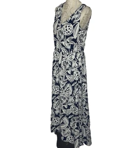 Talbots sz L Navy Blue White Floral print Knit Jersey Long Maxi Dress Faux Wrap - Picture 1 of 8