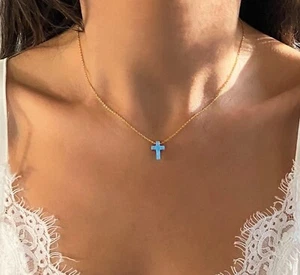 Opal Cross Necklace for Women Girl Daughter, White Blue, Silver, Gold, Rose Gold - Picture 1 of 10