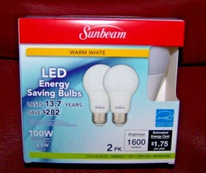 Pack of 2 SUNBEAM LED ENERGY SAVING BULBS 100 Watt Replacement (Actual 14.5) NIP - Picture 1 of 3