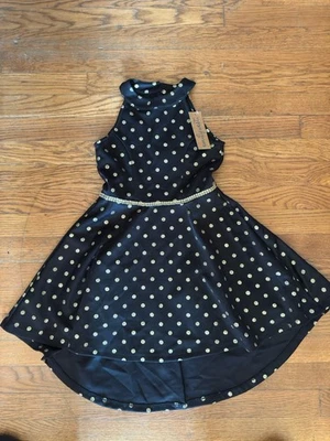 Emily West 女孩无袖假日派对礼服 7 码黑色金色闪亮全新带标签 — 第 1/3 张图片