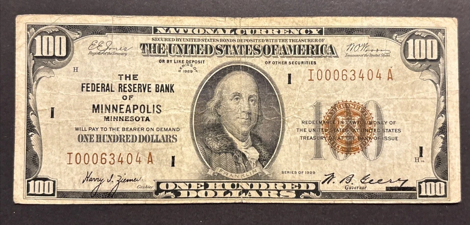 1929 $100 Minneapolis Minnesota Federal Reserve Bank Note Rare Currency Bill - Image 1 of 4