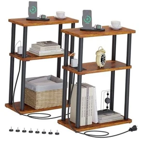Small Side Table with Charging Station, Set of Narrow End Table, 2 Rustic Brown - Picture 1 of 8