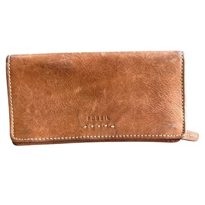 Cartera sin asas de cuero genuino fósil de colección marrón camel cartera bolsillo cheque Foto 1 de 4