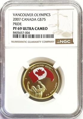 2007 GOLD CANADA PROOF $75 OLYMPIC COLORIZED FLAG COIN NGC PF 69 UC - Image 1 of 2