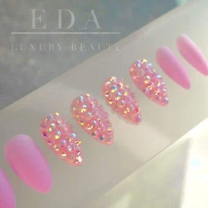 Diamond Pink 3D Crystal Design Nail Art Matte Stiletto Long Press On Nails Set - Picture 1 of 5