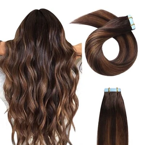 YILITE Tape in Hair Extensions Balayage Darkest Brown Roots Fading 14'in 20 pcs - Picture 1 of 7