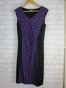 Jacqui E dress S, 10 womans blue purple black print V-neck sleeveless pencil cut - Picture 1 of 8