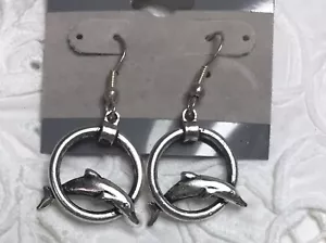 Dolphins Jumping Through Hoops Silvertone Earrings - Picture 1 of 4