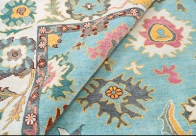 Oushak Blue/Cream Contemporary Hand-knotted Carpets & Rugs for living area. - Image 1 of 4