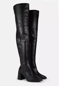 Missguided Low Block Heel Over The Knee Faux Leather Boots Black UK Size 4 EU 37 - Picture 1 of 4