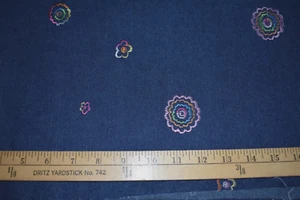EMBROIDERED MULTI COLORS  ON BLUE DENIM  COTTON FABRIC  2 YARDS X 58" WIDE - Picture 1 of 2