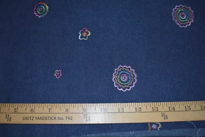 EMBROIDERED MULTI COLORS  ON BLUE DENIM  COTTON FABRIC  2 YARDS X 58" WIDE - Image 1 of 2