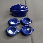 Doll Dollhouse Miniature Stew Soup Pot With Lid Blue Bowls 6 Piece Set Porcelain