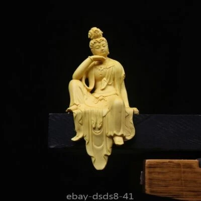 Chinese 100% Boxwood Wood Hand Carved Guanyin Kwan-yin buddha Statue table deco - Image 1 of 4