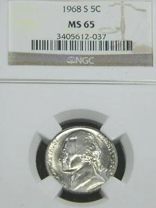 1968-S Jefferson Nickel NGC MS65 Bright White Superb Luster PQ #G689 - Picture 1 of 2