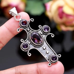 Amethyst Gemstone Christian Cross Handmade 925 Sterling Silver Pendant For Gift - Picture 1 of 6