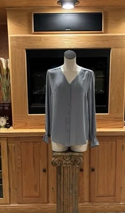 TTAHARI Blue Button Front V Neck Long Sleeve Blouse Elastic Ruffle Wrist M NWT!! - Picture 1 of 9