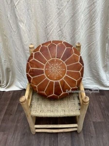 Wonderful 24'' Pouffe Leather Ottoman Moroccan Brown Handmade Unstuffed - Picture 1 of 5