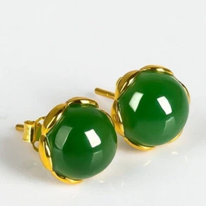 5pcs Hot Solid 925 Sterling Silver With Natural Green Jade Stud Earrings 8mm - Picture 1 of 4