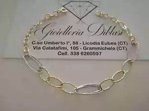 18K YELLOW WHITE GOLD BRACELET ALTERNATE 6mm OVALS RHOMBUS AND CIRCLE LINK 7.5" - Picture 1 of 9