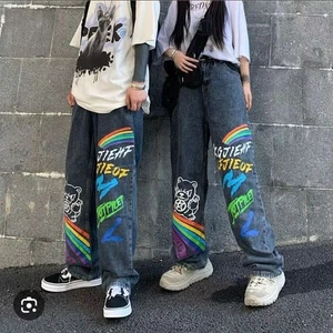 Walk The Rainbow Baggy High Rise Jeans Unisex Gr. Medium Schwarz Streetwear Punk - Bild 1 von 11