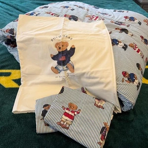 Ralph Lauren Polo Vintage Teddybär blau gestreift Doppeldecke & 3 Kissenbezüge - Bild 1 von 13