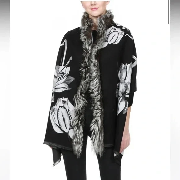 NUEVO CON ETIQUETAS BELLE FARE Genuino Piel de Zorro Borde LANA/CACHEMIRA CHAL CAPA ENVOLTURA BUFANDA Foto 1 de 4