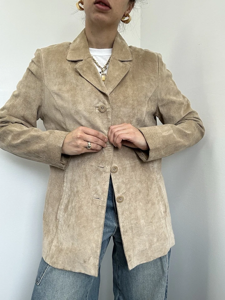 Vintage 90’s Croft & Barrow Beige 100% Suede Jacket Button Front Collared Size M - Image 1 of 4
