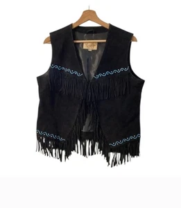 Scully Black Suede Fringe Vest with Blue Embroidery Western Boho Size M - Picture 1 of 13