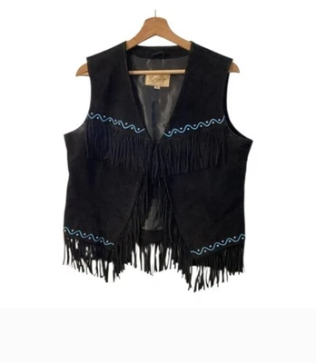 Scully Black Suede Fringe Vest with Blue Embroidery Western Boho Size M - Image 1 of 4