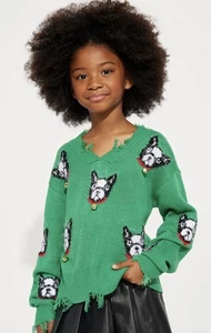 Mädchen grün Used-Look Pullover Hund Gesicht Muster mit Jingle Bells Größe M/10-12 Neu mit Etikett - Bild 1 von 4