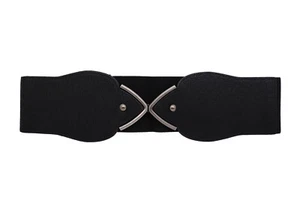 Women Wide Black Stretch Band Junior Ladys Belt Silver Metal Stud Buckle Fit S M - Picture 1 of 12