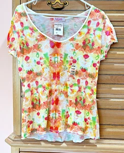 NWT New FRESH PRODUCE White & Peach Floral Cotton Logo V Neck Top L - Picture 1 of 1