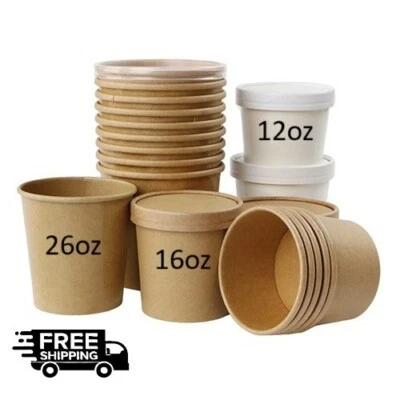 Disposable Kraft Soup Cups Paper/PP Lid - Takeaway Container Ice Cream Paper Pot - Image 1 of 4