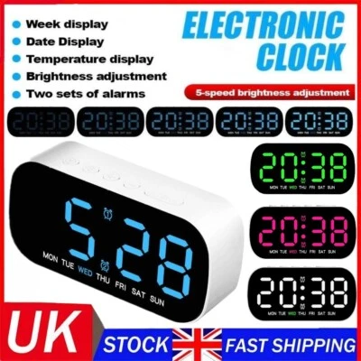 LED Electric Digital Alarm Clock Mains Power Mirror Display Bedroom Bedside UK - Image 1 of 4