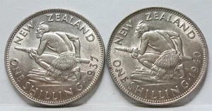 NEUSEELAND 2x 1 Schilling 1937 1940 über UNC Großbritannien Maori Krieger Silber #C58 - Bild 1 von 4