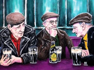 Auld Lads drinking pints of stout in O’Flaherty’s IRISH Pub Painting REPRINT - Picture 1 of 1