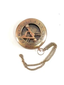 Handmade Brown Antique Brass Working Push Button Sundial Compass With Chain - Picture 1 of 5