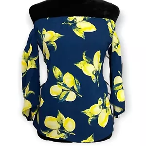 Sweet Wanderer Off The Shoulder Blouse Womens Small Blue Lemon Novelty Print Top - Picture 1 of 6
