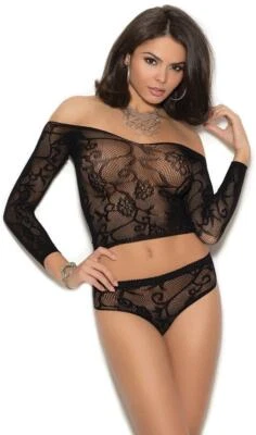 Fuera del Hombro Cami Crop Top Botín Pantalones Cortos Conjunto Encaje Red Lencería Negro 1329 Foto 1 de 3