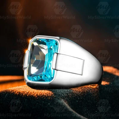Anillo de plata de ley 925 corte octágono piedra aguamarina turco liso para hombre Foto 1 de 4