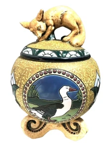Czechoslovakia Fox Figural Lid Covered Jar Amphora Art Pottery Bird Medallions - Picture 1 of 6
