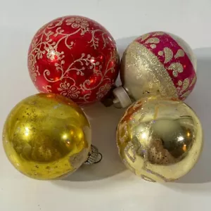 Vintage Shiny Brite Glittered Stenciled Christmas Ornaments 4pc Red Gold - Picture 1 of 13