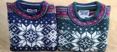 2 set Rugged Bear sweaters Little Boys 4-5 Blue & green fair isle 100% Wool  - Image 1 of 4