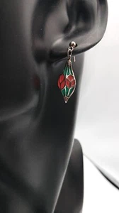 Green Red Cloisonne Leaf Stud and Dangle Drop Enamel Earrings - Picture 1 of 5