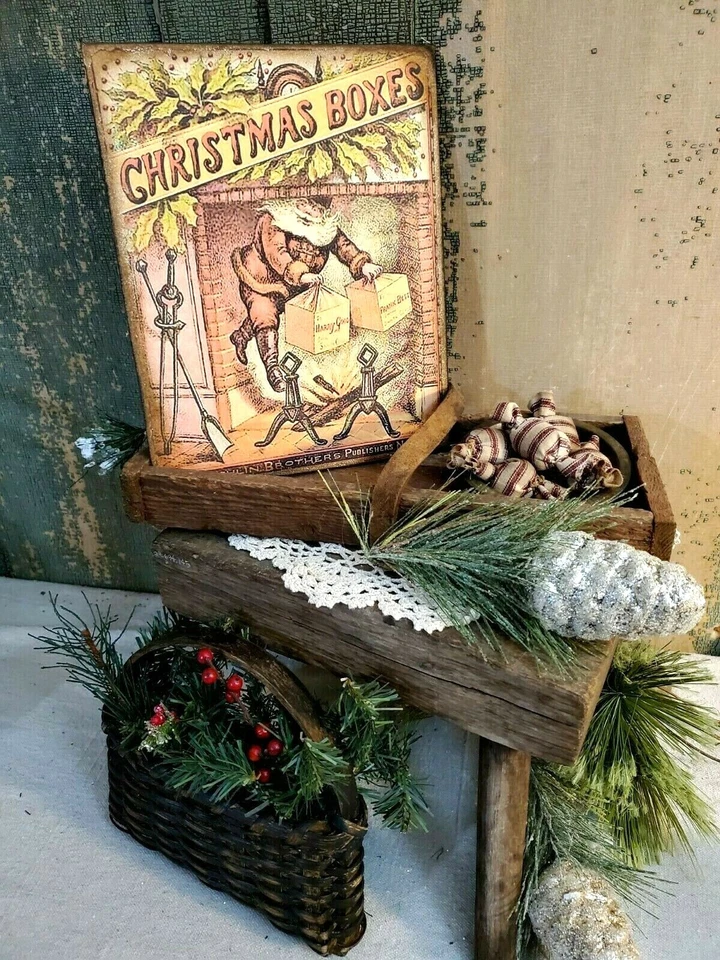 CAJAS NAVIDAD VICTORIANAS PRIMITIVAS VINTAGE SANTA EN LIENZO LETRERO CHIMENEA  Foto 1 de 4
