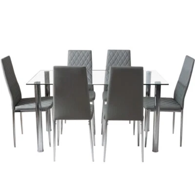 4/6 Seat Dining Table Set Glass Rectangle Table 4/6Chair Set Metal Frame Kitchen - Image 1 of 4