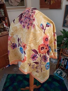Vintage Floral Orange Lilac Blue Rayon Satin? Headscarf - Picture 1 of 2